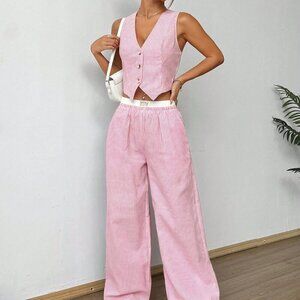 Multicolor Casual Women's Striped Sleeveless V-Neck Top And Pocket Pants Set